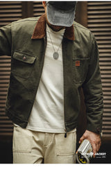 Maden Retro Heavyweight Canvas Detroit Jacket Corduroy Collar Hunting Short Zip-Up Jacket with Pockets Men's Autumn Outerwear