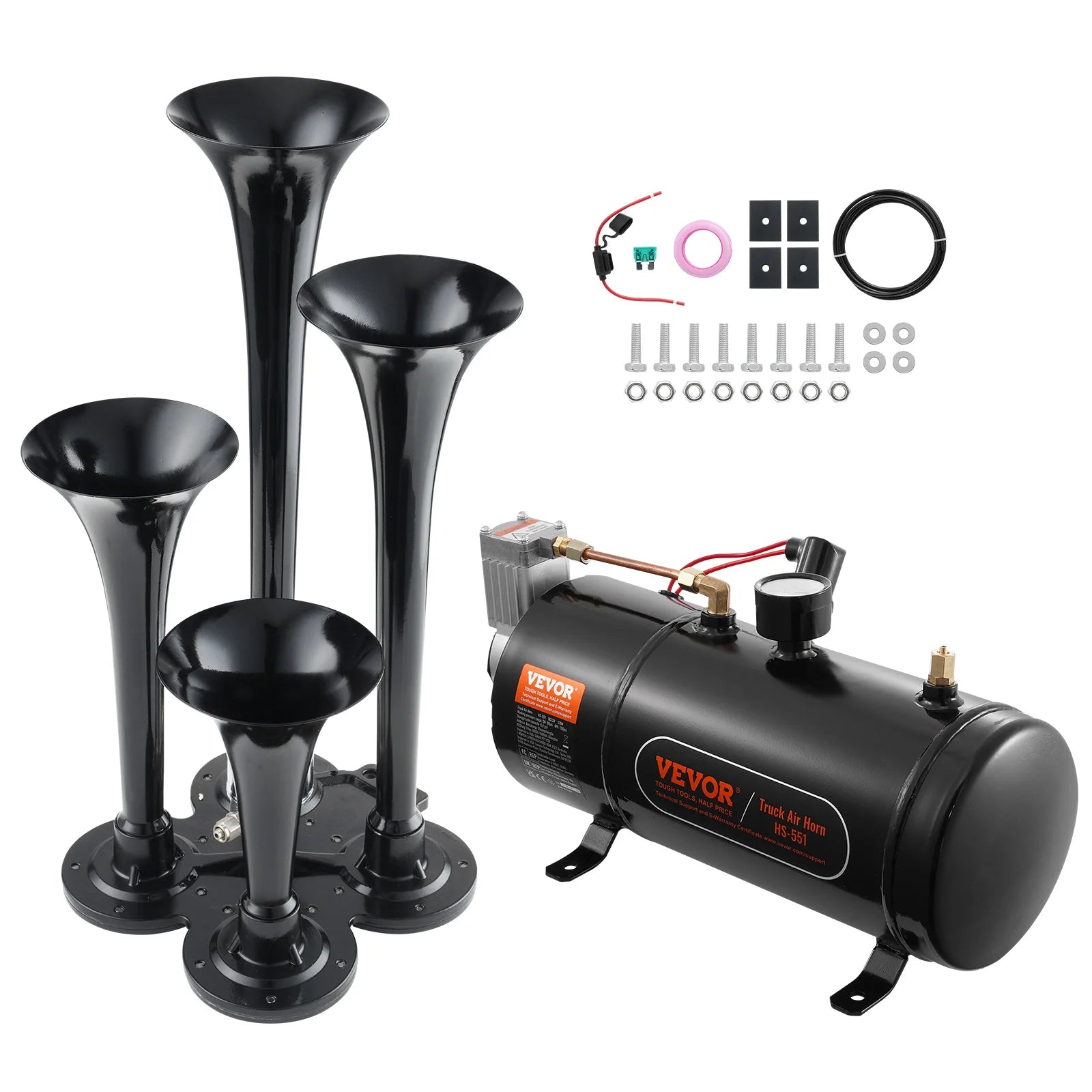 SucceBuy Train Horns Kit, 4 Trumpet Air Horn Kit, 150dB Train Horns for Pickup Trucks 12V 120 psi Air Compressor for Truck Train