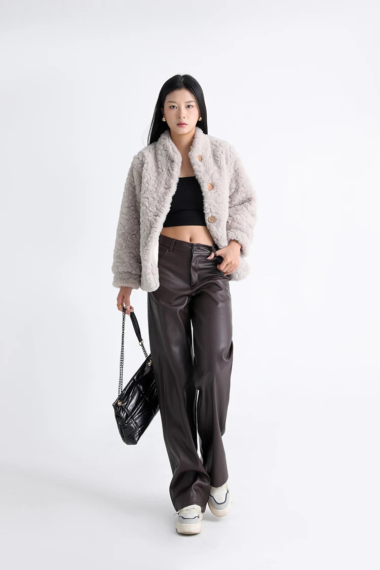 Women's High Waist Faux Leather Wide Leg Fleece Pants