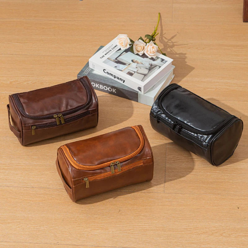 Leather Travel Toiletry Bag for Men Women, Large Capacity Cosmetic Organizer with Hanging Hook, Waterproof Makeup Storage Bag Po