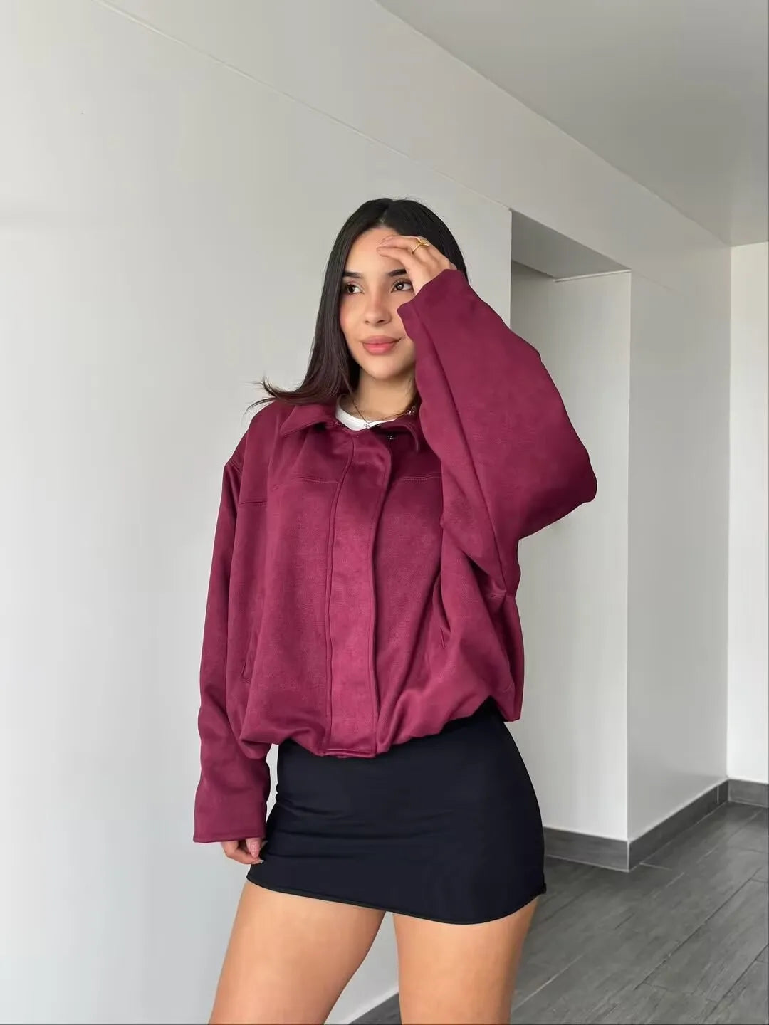 YENKYE New 2025 Women Suede Textured Bomber Jacket Long Sleeve Lapel Collar Loose Coats Casual Female Outerwear Chic Tops