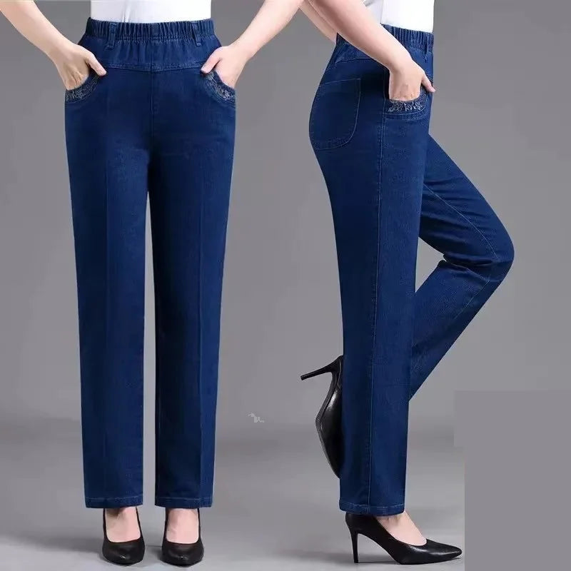 Women's Embroidered Straight-Leg Jeans | Elastic Waist