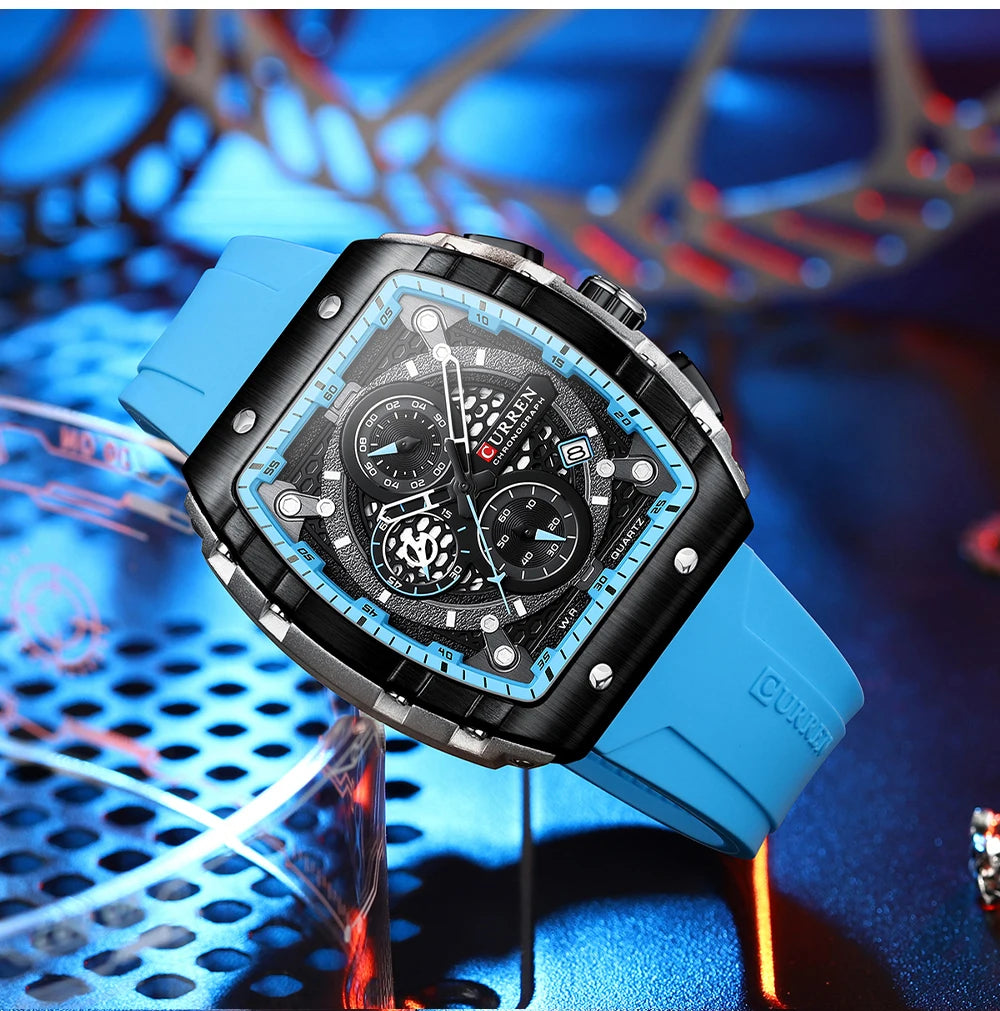 Men’s Sport Quartz Watch – Yellow Silicone Strap, Luminous Auto Date Square Dial