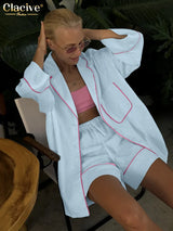 Clacive Fashion Loose Blue Cotton Home Women's Two Pieces Set 2025 Elegant Long Sleeve Shirt With High Waist Shorts Set Female