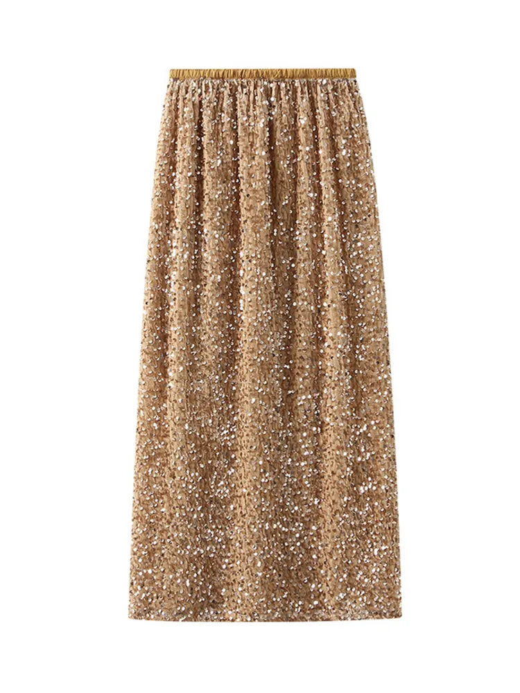 High Waisted Sequin Maxi Skirt Women Elegant Shiny Straight Skirts With Slit Summer Spring Black Long Sequin Skirt For Women