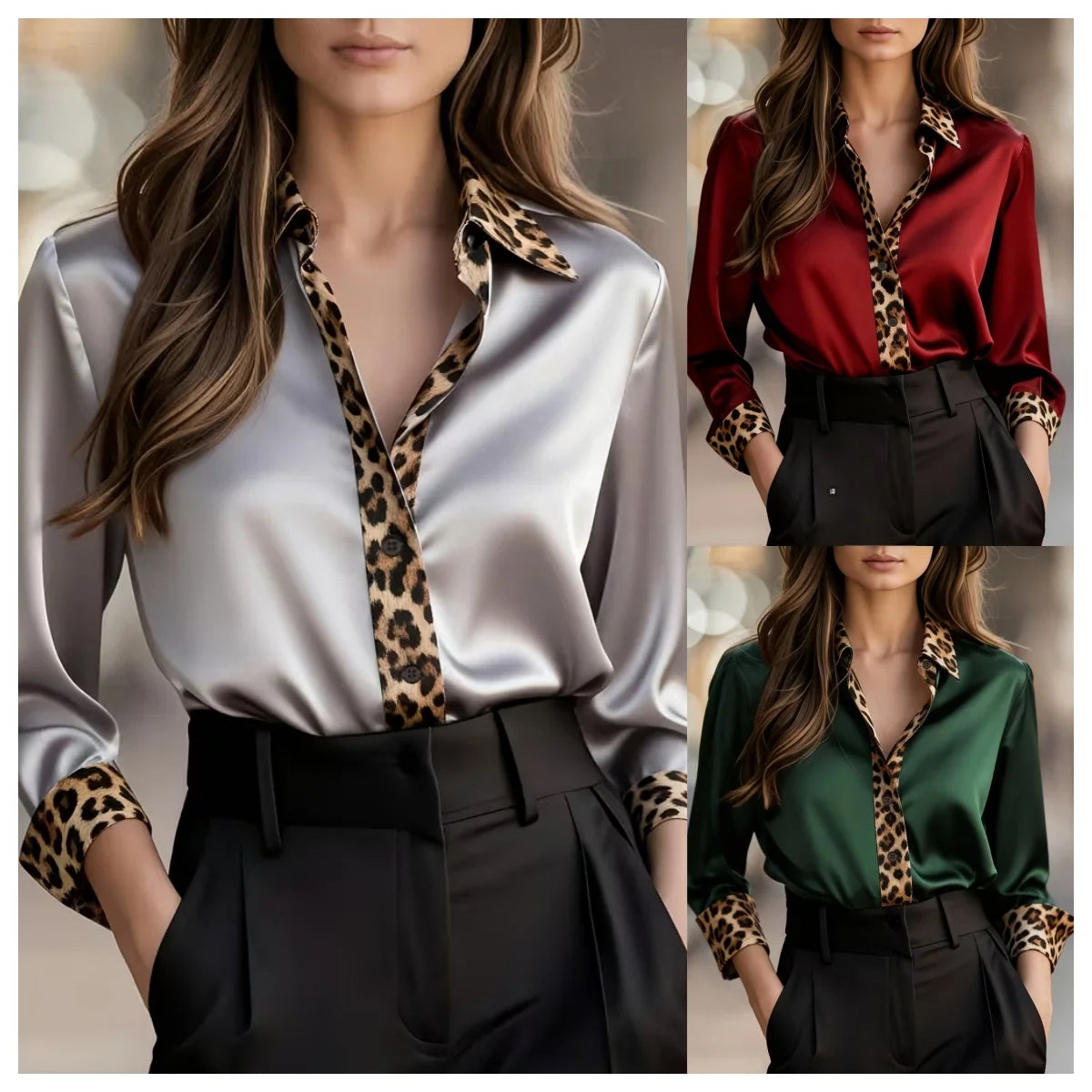 Women's Long-Sleeve Leopard Trim Loose-Fit Button-Down Blouse