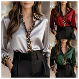 Women's Long-Sleeve Leopard Trim Loose-Fit Button-Down Blouse