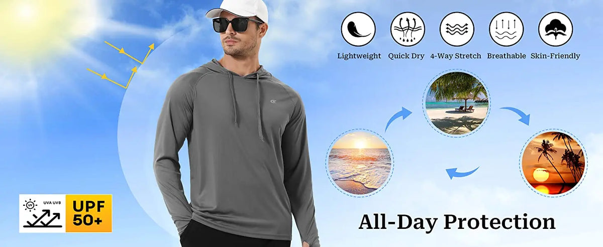 Summer Men's Long Sleeve UPF 50+ Hoodie T-Shirts, Rash Guard Quick Dry T-shirt Outdoor Sport Running Pullover