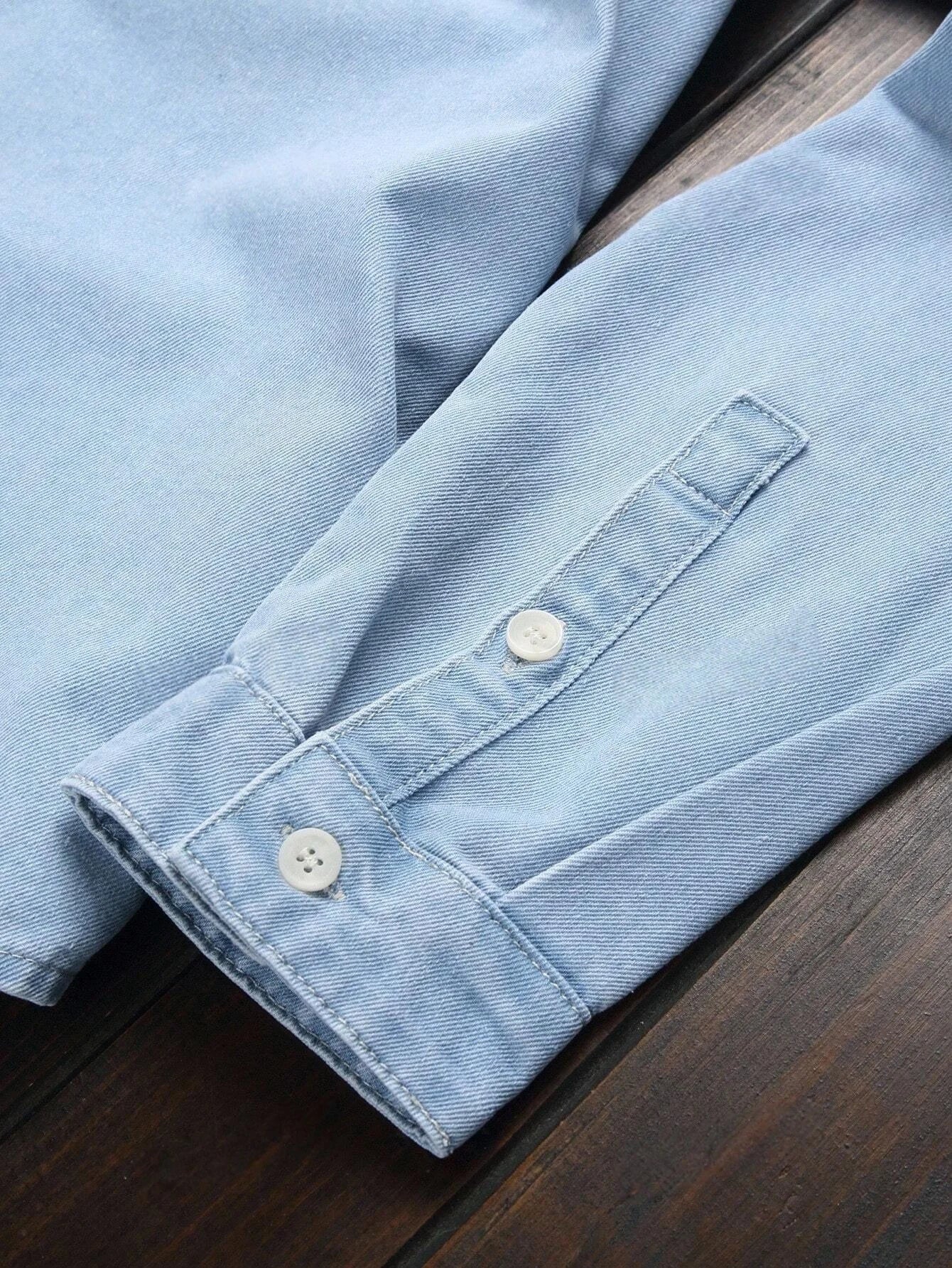 Men Light Blue Washed Denim Shirts Long Sleeve Button Down Casual Shirts With Dual Chest Pockets Western Style Work Shirts