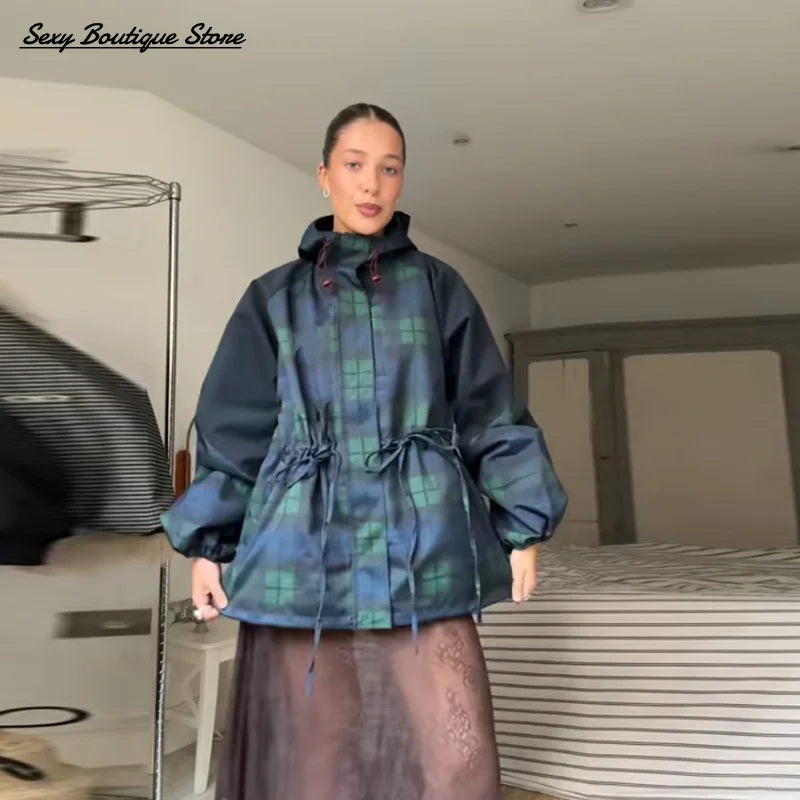 Vintage Plaid Oversized Hoodie Jacket for Women