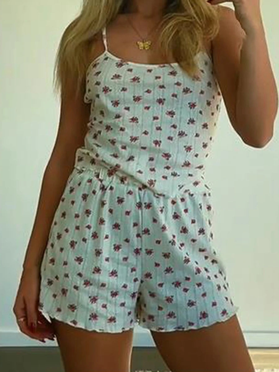 Fairy Kawaii Women Outfits 2 Pcs Sets y2k Aesthetic Spaghetti Strap Sleeveless Crop Top Button Short 2000s Matching Homewear