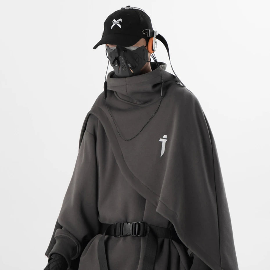 Oversized High-Collar Techwear Pullover Hoodie