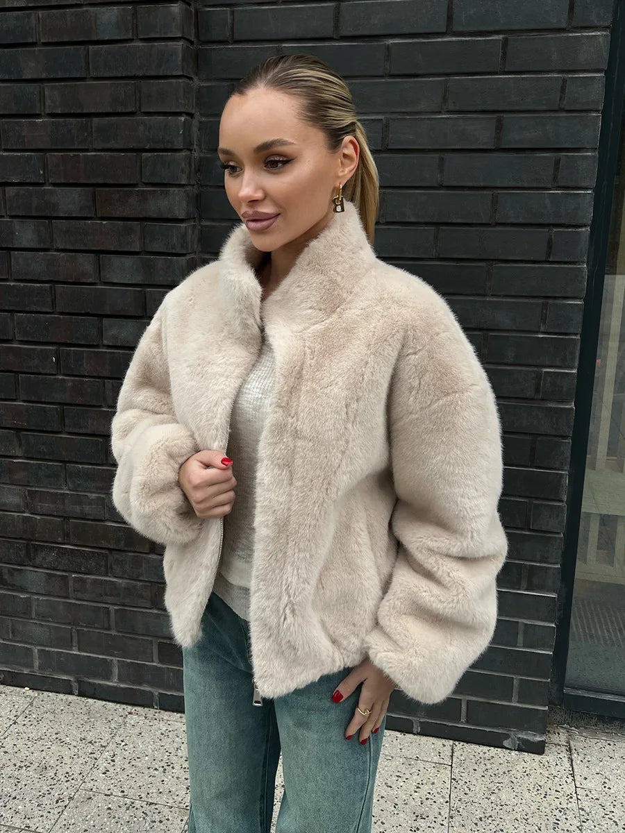 Bornladies New Women's Faux Fur Jacket Zipper Warm Plush Coat Oversized Soft Fluffy Stand Up Collar Autumn Winter Casual Jacket