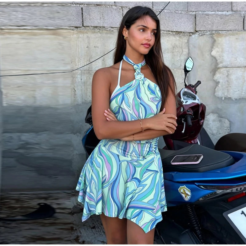 Swirl Print Women's Mini Dress Sexy Halter Neck Sleeveless Backless Ruffles Dresses Female 2026 Summer Fashion Beach Vestidos