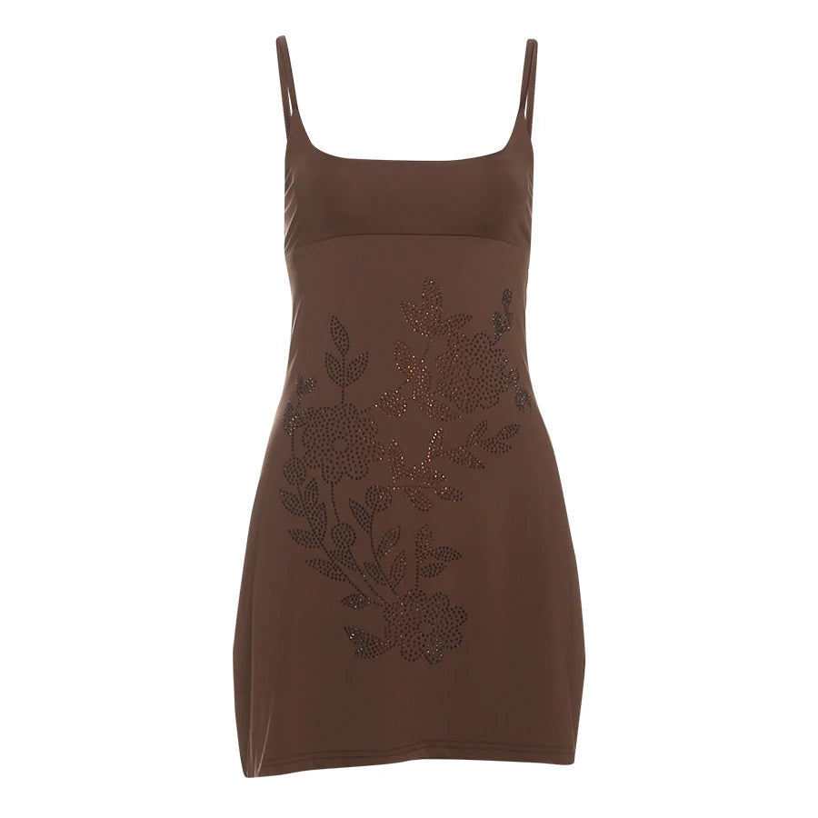 Floral Rhinestone Backless Mini Dress
