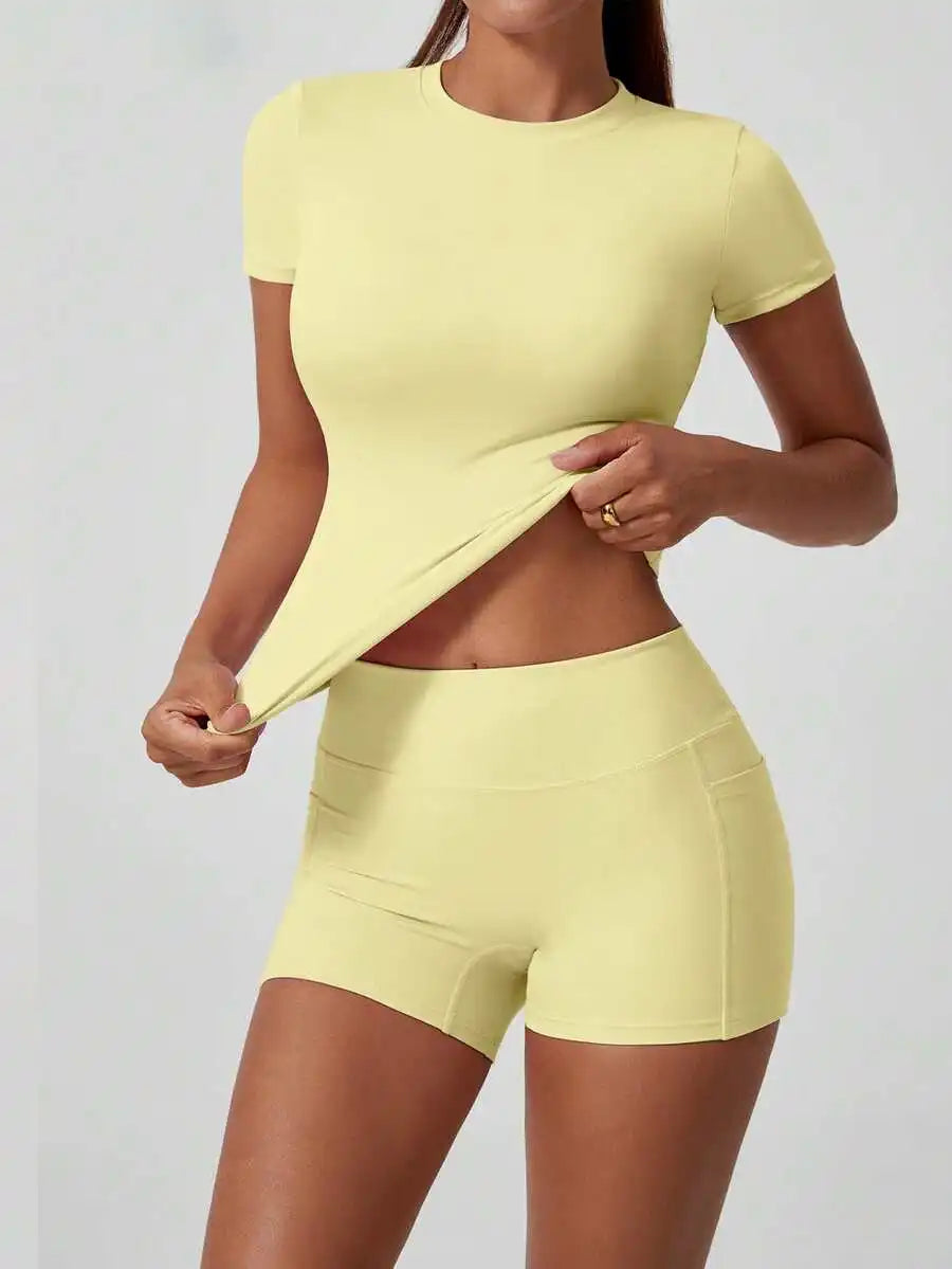 Women's Sculpting Sports Short Sleeve & High-Waist Shorts Set