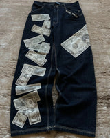 Harajuku Money Print Streetwear Jeans High Waist Wide Trouser Black Pants Streetwear Men Hip Hop Women Embroider Y2k Baggy Jeans