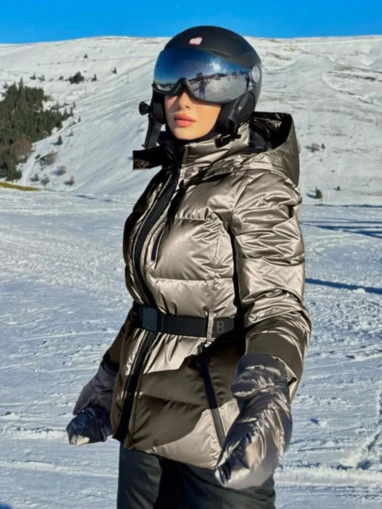 Women's Hooded Winter Parka – Insulated Mid-Waist Jacket with Adjustable Belt