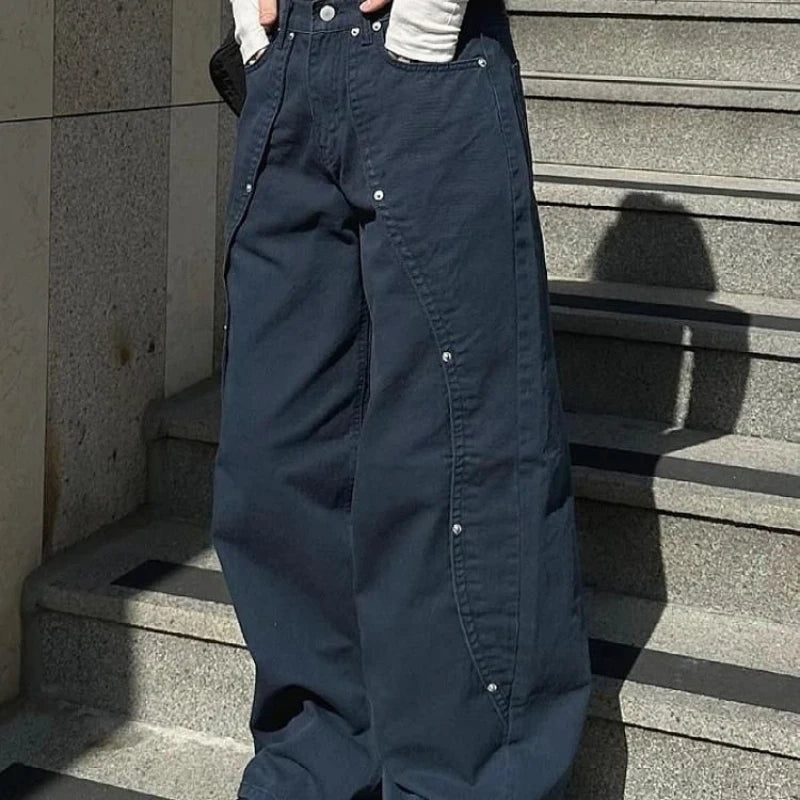 Vintage Rivet Patchwork Wide-Leg Jeans
