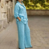Fashion Cotton Linen Shirt Long Sleeved Women's Set Spring Autumn Loose Cotton  Linen Wide Leg Trousers Female Office 2piece Set