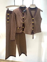 French Style 3-Piece Jacquard Knit Pant Suit – Elegant Vest, Cardigan & Wide-Leg Trousers