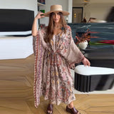 Women V Neck Vintage Vine Print Batwing Sleeve Maxi Dress Drawstring Waist Loose Flare Long Dress Mesh Texture Beach Vacation