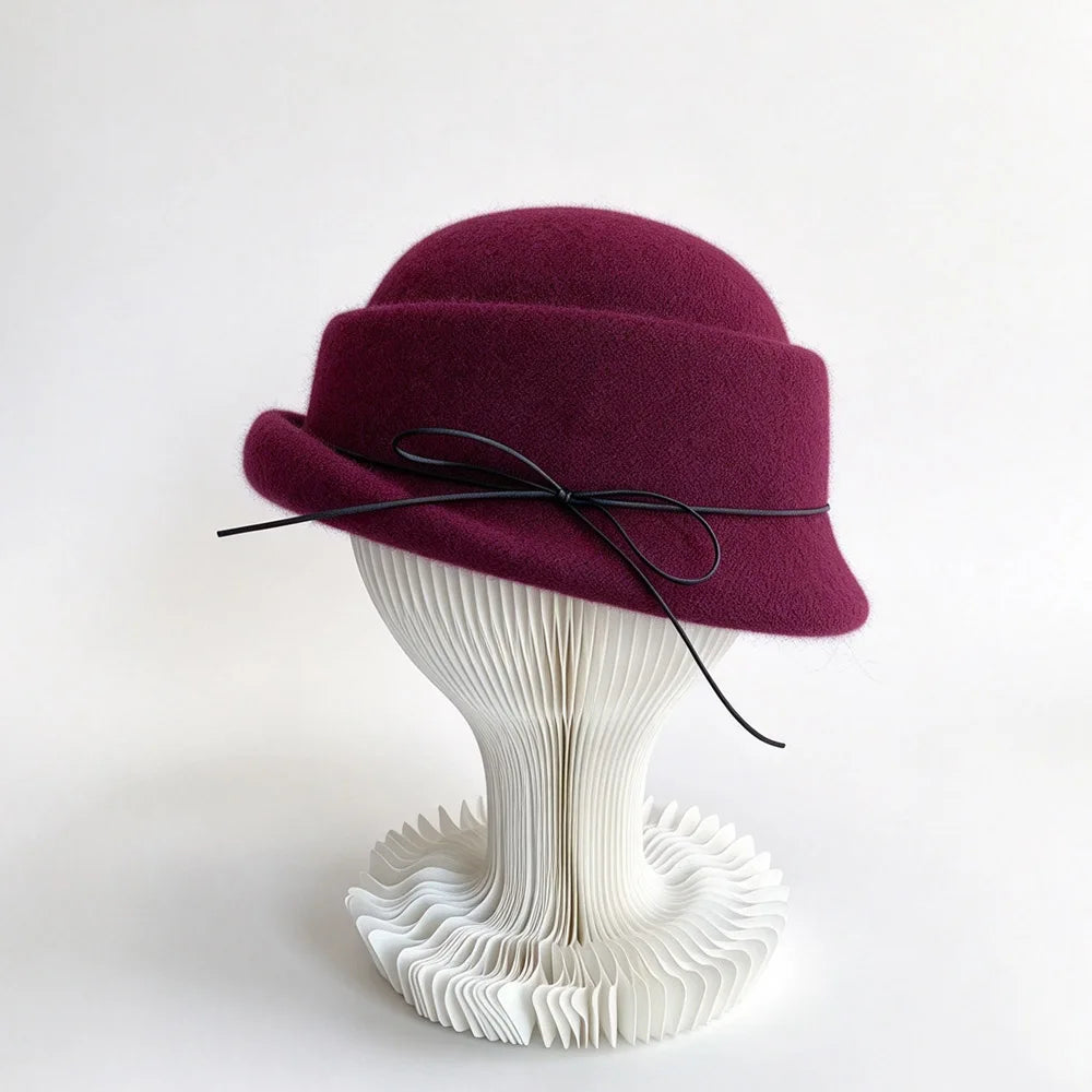 Women's Bow Cloche Hat with Roll-Up Brim