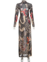 Women's Print Stand Collar Long-Line Slim Dress