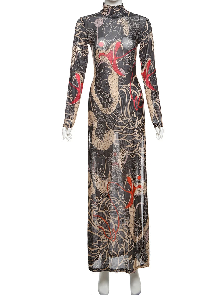 Women's Print Stand Collar Long-Line Slim Dress