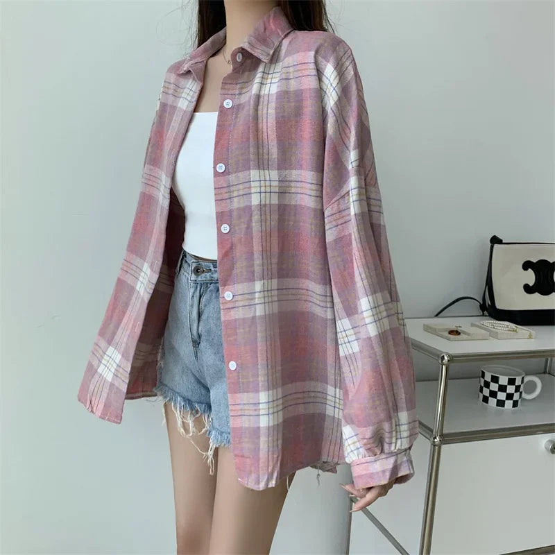 Vintage Plaid Long-Sleeve Blouse