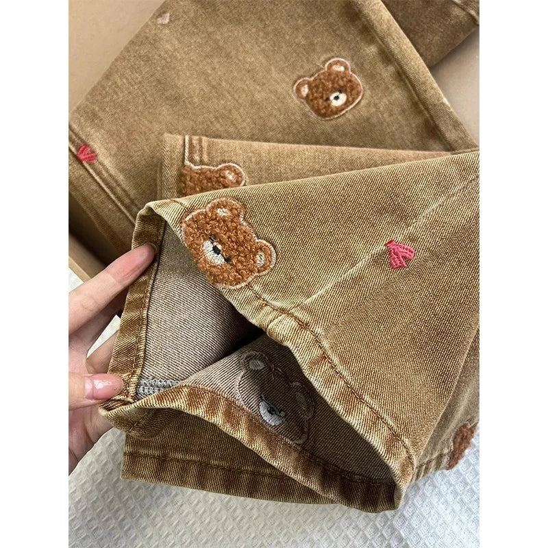 Lace Teddy Bear Patchwork Wide-Leg Jeans