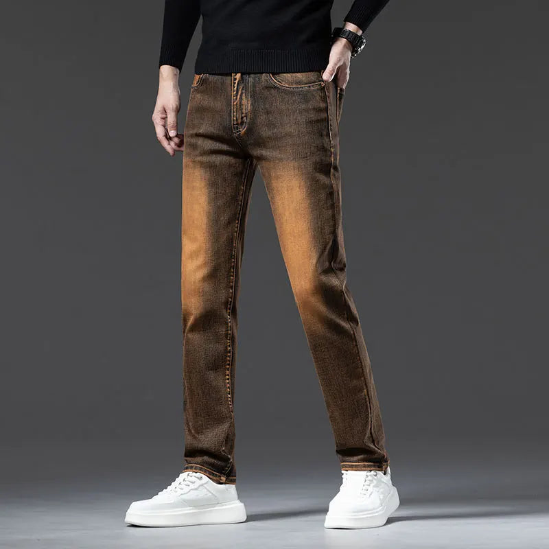 High Quality Brown Winter Jeans Men's Thickened Velvet Warm Elastic Straight Denim Pants Fashion Vintage Korean Plush Trousers