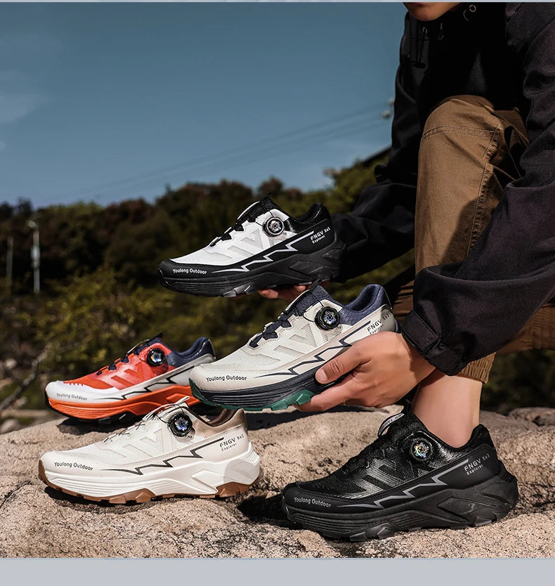 Outdoor Hiking Shoes for Men, Lightweight Travel Hiking Shoes, Breathable Mesh Sneakers, Casual Walking Shoes, Rotating Buckle Design, Non-Slip and Wear-Resistant Trail Shoes, Suitable for Mountaineering and Camping, 2026 New