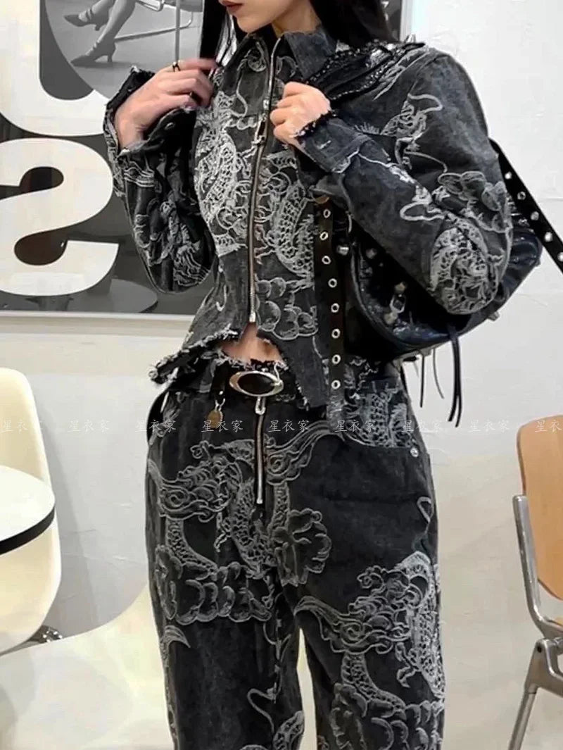 Y2K Dragon Print Baggy High-Waist Denim Jeans for Women