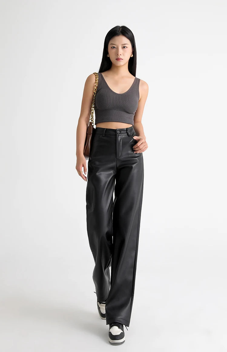 Women's High Waist Faux Leather Wide Leg Fleece Pants