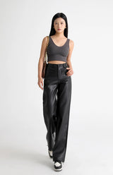 Women's High Waist Faux Leather Wide Leg Fleece Pants
