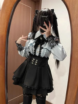 Women‘s Lolita Set Dark Femme Mesh Top & Waist Cinching Skirt, 2025 Autumn Japanese Street Style Coord for Gothic Baddie Fashion