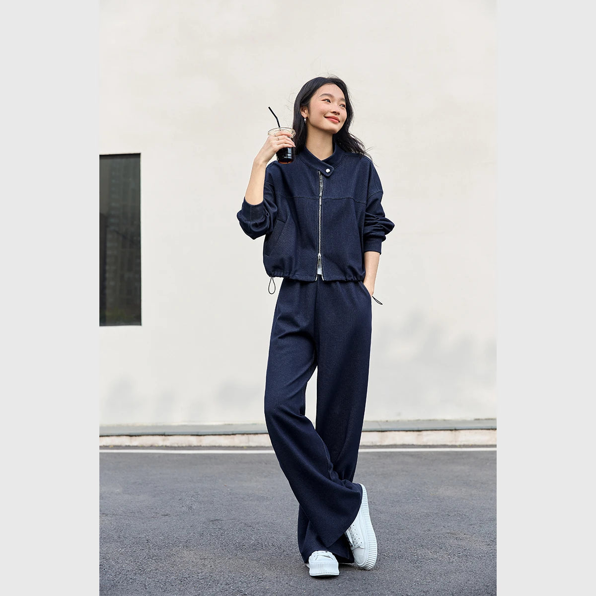 VIMLY 2 Piece Pant Set Woman Casual Outfits Women's Pant Suit 2026 Blue Stand-up Collar Jacket and Trouser Female Clothing A0119