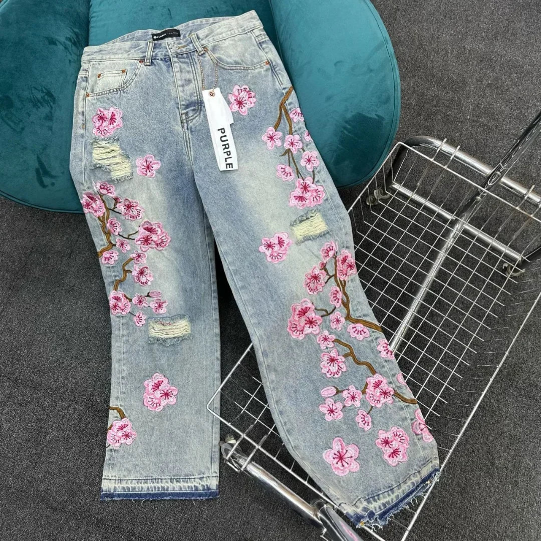 Retro Cherry Blossom Embroidered Wide Leg Y2K Jeans