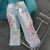 Retro Cherry Blossom Embroidered Wide Leg Y2K Jeans