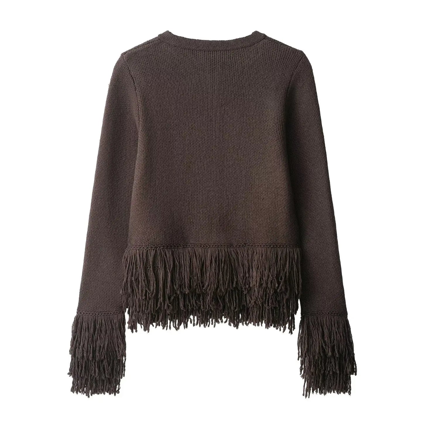 Vintage Tassel Knitted Cardigan – Elegant O-Neck Long Sleeve Sweater (USA Made)