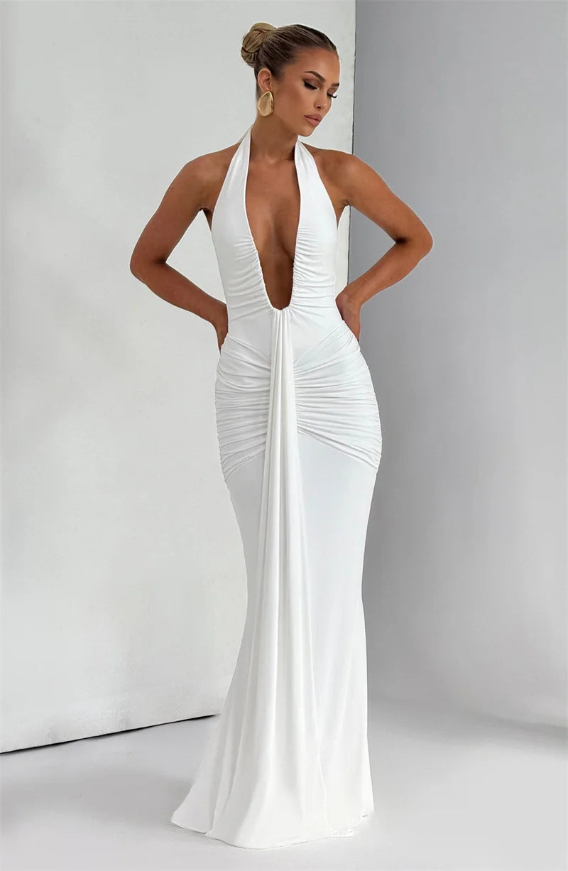 Elegant Deep V-Neck Halter Maxi Dress