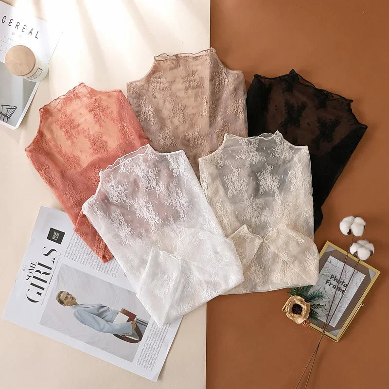 Women’s Floral Lace Mesh Mock Neck Long Sleeve Top
