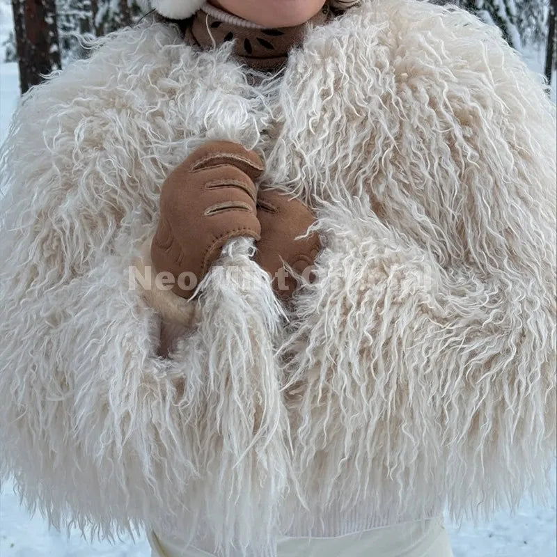 Chic Faux Mongolia Sheep Fur Cropped Jacket