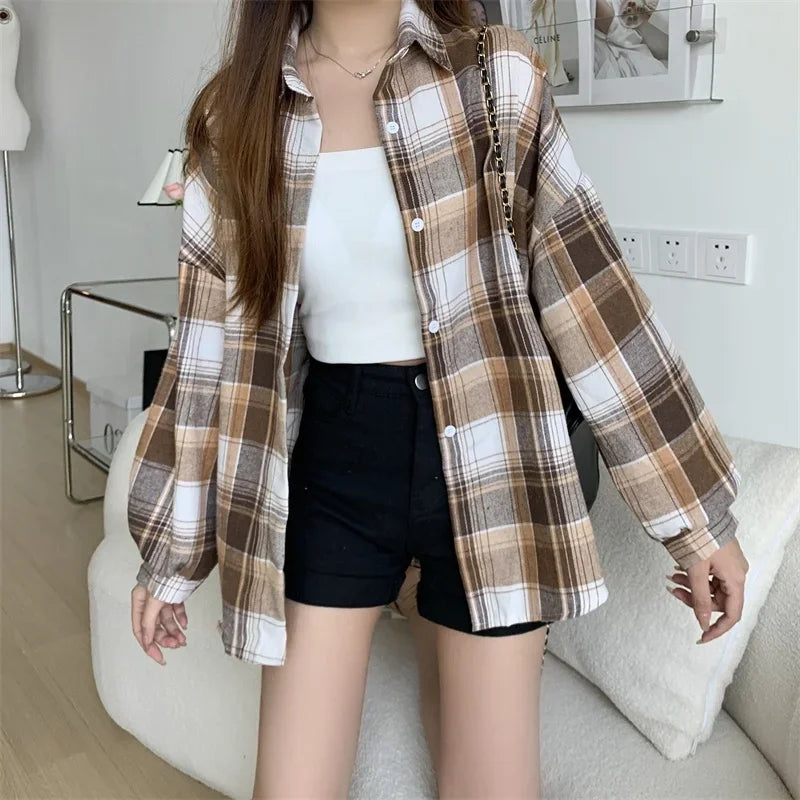 Vintage Plaid Long-Sleeve Blouse