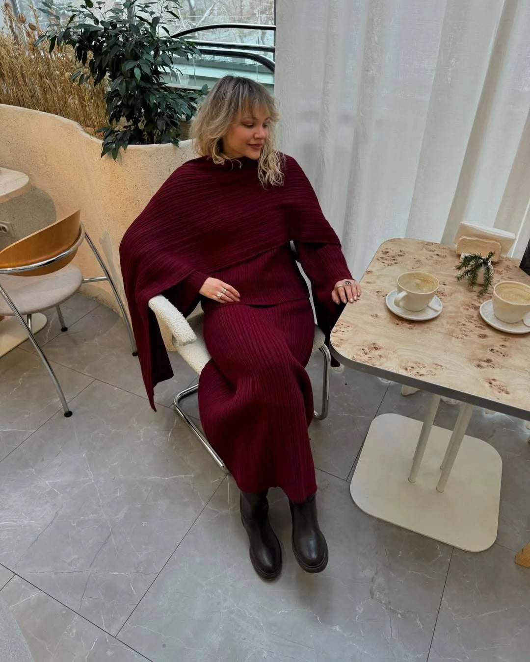 Hirsionsan Sexy Soft Elegant Vintage Women Suits 2 Pieces Female Sets Polo Neck Cardigan Sweater & Midi Dress Knitted TrackSuit