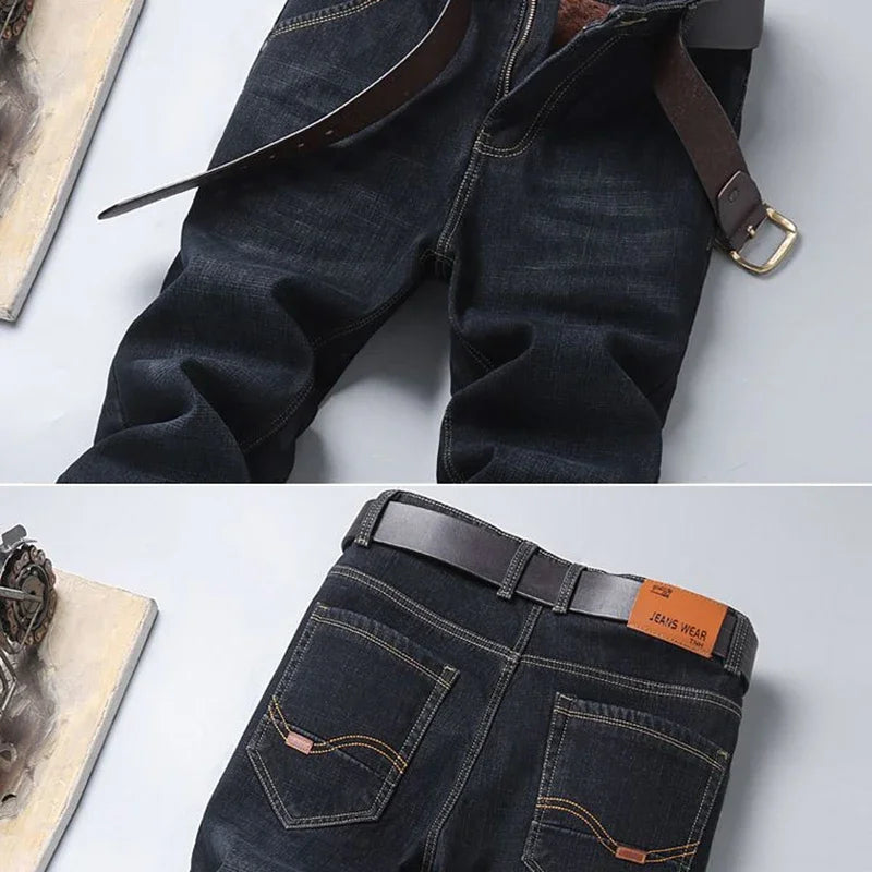 Men Winter Snow Warm Plush  Loose Minimalist Jeans Male Fleece Lined ThickenedStraight Denim Pants Slim Fit Elasticity Trousers