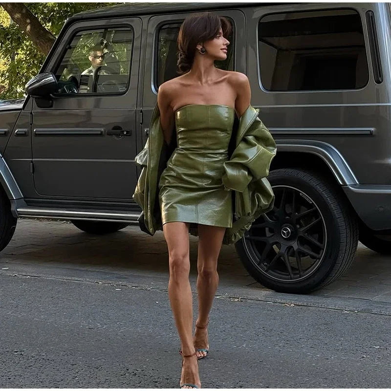 Vintage Green Leather Skirt Sets Women Fashion Solid Strapless Short Skirts Zipper Jacket Outfits Lady Daily Highstreet Outfits