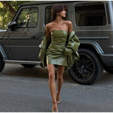 Vintage Green Leather Skirt Sets Women Fashion Solid Strapless Short Skirts Zipper Jacket Outfits Lady Daily Highstreet Outfits