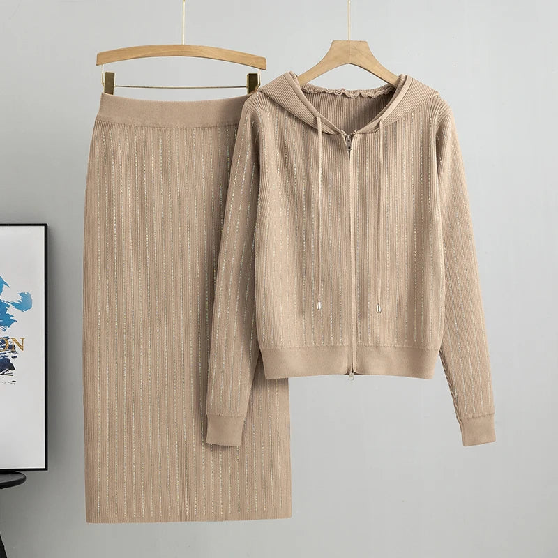 2025 new women's Knitted Cardigan High Waisted Buttocks Wrapped  Skirt 2 Piece Suits Luxury Hot Diamond Fashion Sets